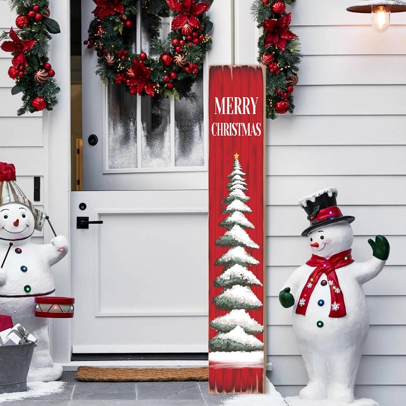 Seimip Christmas Porch Sign Christmas Tree Welcome Sign For Front Porch Xmas Snow Red wood grain Home Decor Indoor Outdoor Wooden Vertical Sign For Patio Front Door Porch Wall Yard - Image 1